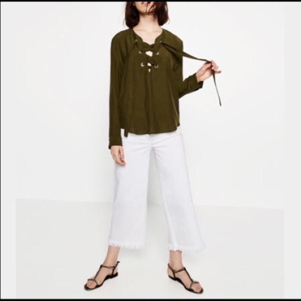 Zara khaki lace up blouse